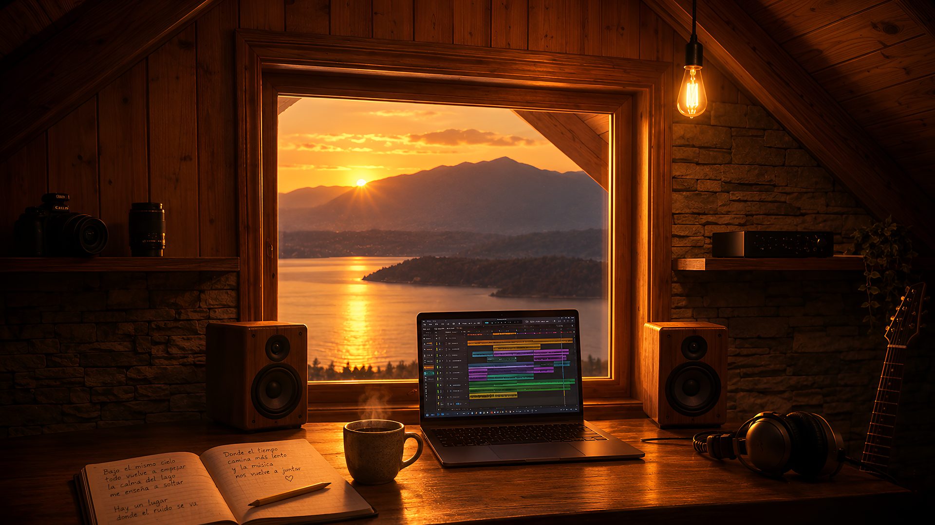 El estudio de Ranco Camp al atardecer, frente al lago